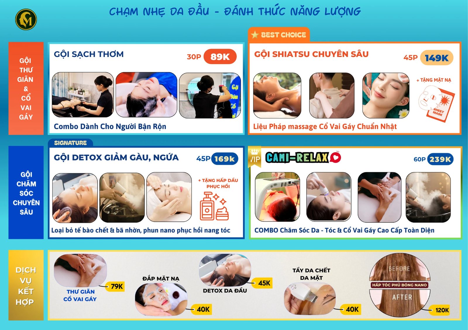 Bảng giá gội đầu dưỡng sinh tại CAMI Quận 4 năm 2026 từ 89K đến 239K