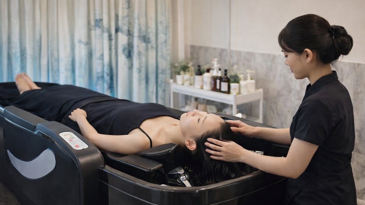 Kỹ thuật viên CAMI massage đầu cho khách trên giường gội đa điểm chạm
