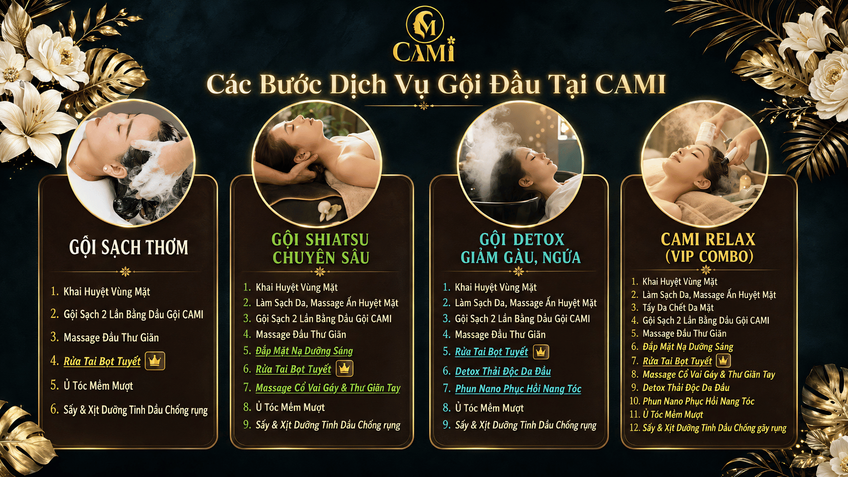 Quy trình các bước gội đầu dưỡng sinh tại CAMI